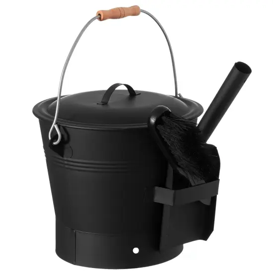 Black Iron Ash Bucket with Lid and Wood Handle Brush Use for Fire Pit, Wood Burning Stove and Grill {1}