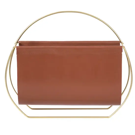 Gold Metal and Brown Leather Modern Decorative Freestanding Magazine Book Rack Storage Holder {5}