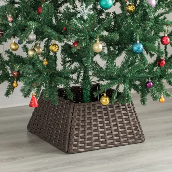 Foldable Christmas Tree Skirt Collar Basket, Ring Base Stand Cover, Rattan Plastic Brown {5}