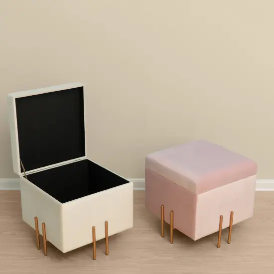 Square Velvet Storage Ottoman with Rose Gold Legs Ivory {9}