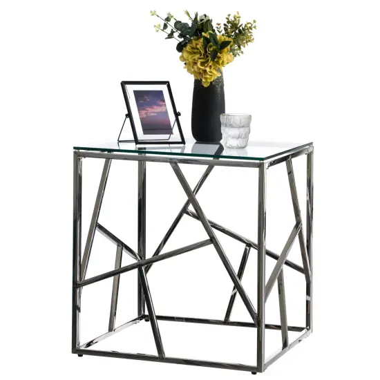 Modern Square End Side Table, Tempered Glass Top Metal Coffee Table Gold {9}