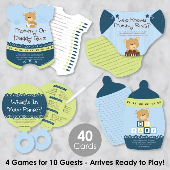 Big Dot of Happiness Baby Boy Teddy Bear - 4 Baby Shower Games - 10 Cards Each - Gamerific Bundle {3}