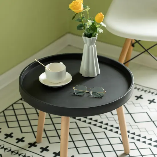 Modern Plastic Round Side Table Accent Coffee Table with Beech Wood Legs Black {4}