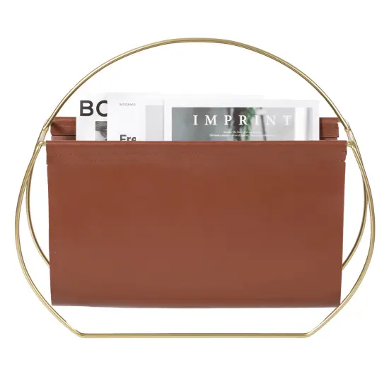 Gold Metal and Brown Leather Modern Decorative Freestanding Magazine Book Rack Storage Holder {3}