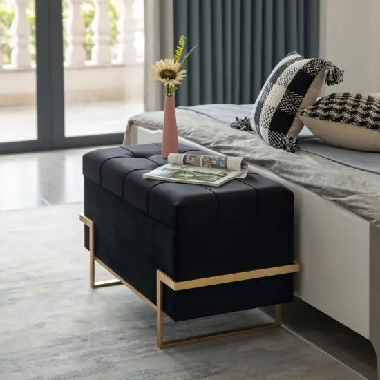 Rectangle Velvet Storage Ottoman Stool Box with Abstract Golden Legs | Decorative Sitting Bench for Living Room Home Decor with Unique Base Support Black Large {5}