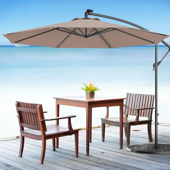 Costway 10' Hanging Solar LED Umbrella Patio Garden Sun Shade Offset Market W/Base Tan {1}