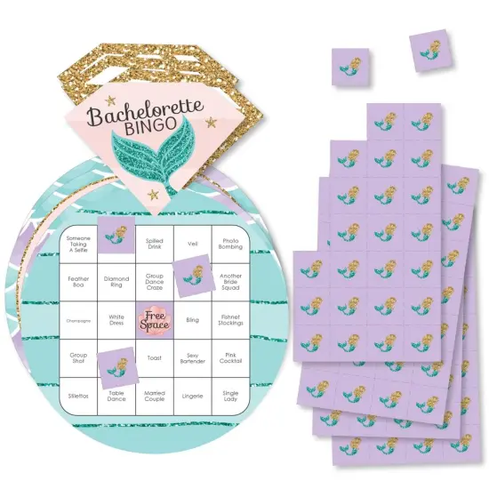 Big Dot of Happiness Trading the Tail for a Veil - Bar Bingo Cards and Markers - Mermaid Bachelorette or Bridal Shower Shaped Bingo Game - Set of 18 {1}