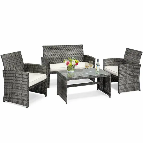 Costway 4PCS Rattan Patio Furniture Set Garden Lawn Sofa Cushioned Seat Mix Gray Wicker {2}