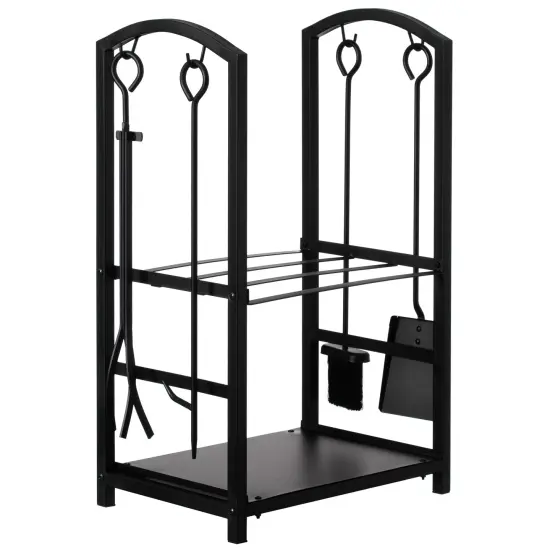 Indoor and Outdoor Patio Iron Firewood Log Cart with Fireplace Tool Rack, Black {1}