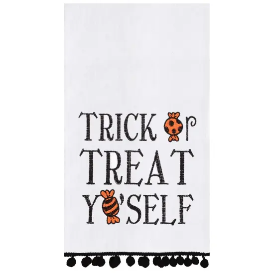 Treat Yo'self Halloween Embroidered Cotton Flour Sack Kitchen Towel With Pom Poms Decor Decoration Decor {1}