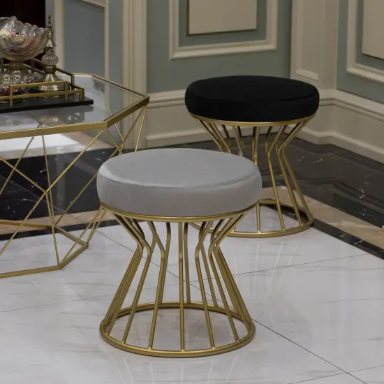 Modern Round Velvet Stool with Bent Gold Metal Base Standard Ottoman Gray {10}