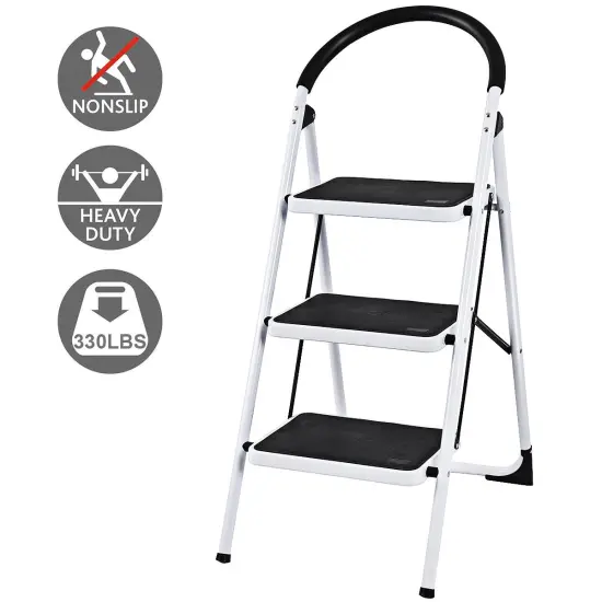 Costway 3 Step Ladder Folding Stool Heavy Duty 330Lbs Capacity Industrial Lightweight, Black {6}