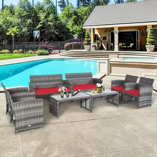 Costway 8PC Patio Rattan Furniture Set Glass Table Top Cushioned Sofa Turquoise\Red {7}