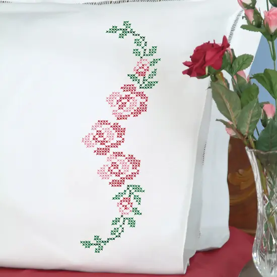 Jack Dempsey Stamped Pillowcases W/White Perle Edge 2/Pkg-XX Rose Vine {2}