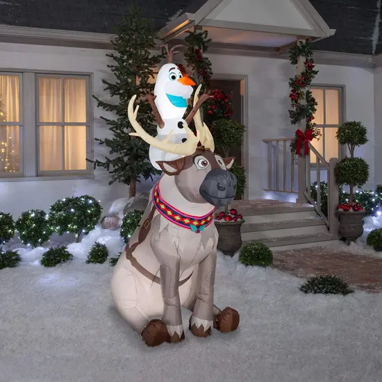 7.5' Gemmy Airblown Inflatable Disney's Frozen Olaf Sitting On Sven Scene 882549 {2}