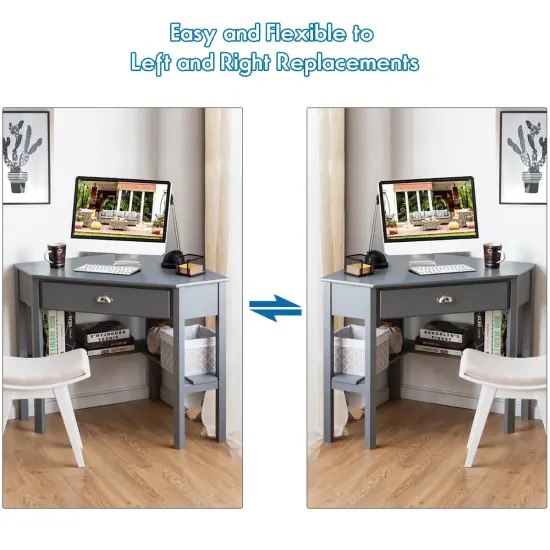 Costway Triangle Computer Desk Corner Office Desk Laptop Table w/ Drawer Shelves Rustic Grey {5}