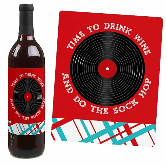Big Dot of Happiness 50's Sock Hop - 1950s Rock N Roll Decorations for Women and Men - Wine Bottle Label Stickers - Set of 4 {4}