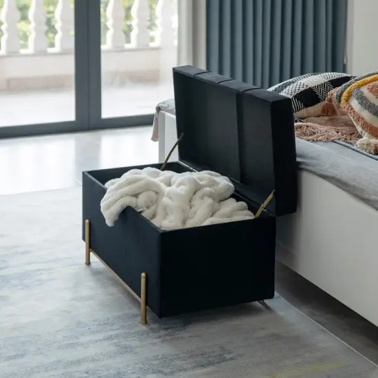 Large Rectangle Velvet Storage Ottoman Stool Box with Golden Legs | Decorative Sitting Bench for Living Room Home Decor with Cylindrical Golden Support Black {2}