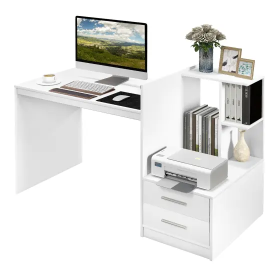 Costway Computer Desk Laptop Table Writing Study Desk Home Office with Bookshelf & Drawers {1}