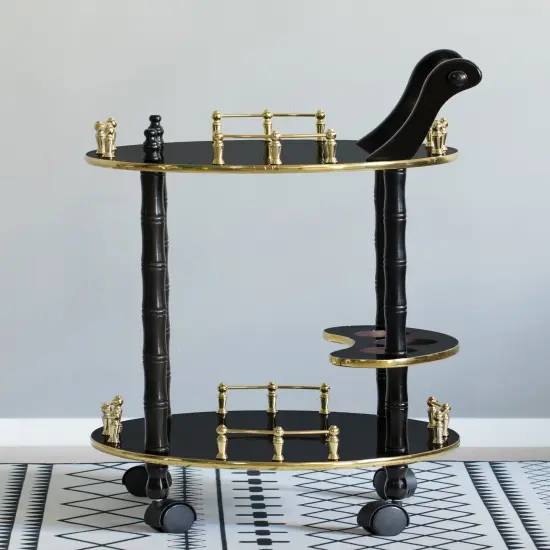 Round Wood Serving Bar Cart Tea Trolley with 2 Tier Shelves and Rolling Wheels Gray {7}