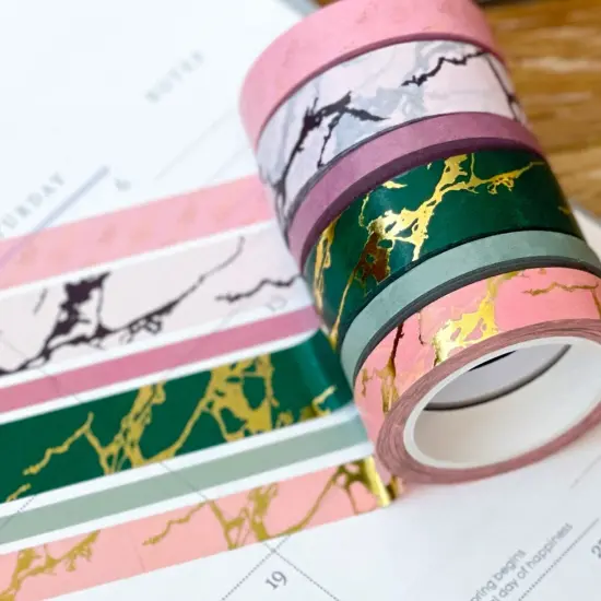 FOILED Marble Gold Green & Pink Modern Spring Minimalist Washi Tape Set (#W053) {1}