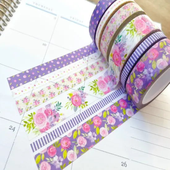 Purple Flowers & Stripes Spring Floral Washi Tape Set (#W046) {5}