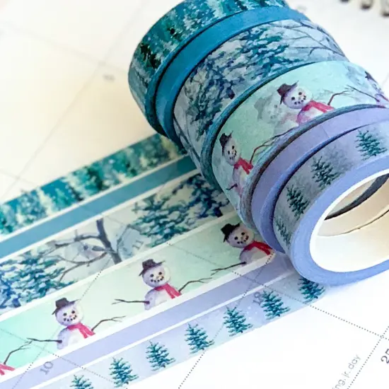 Winter Snowman Snowy Trees Forest Periwinkle Washi Tape Set (#W006) {1}