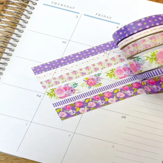 Purple Flowers & Stripes Spring Floral Washi Tape Set (#W046) {6}