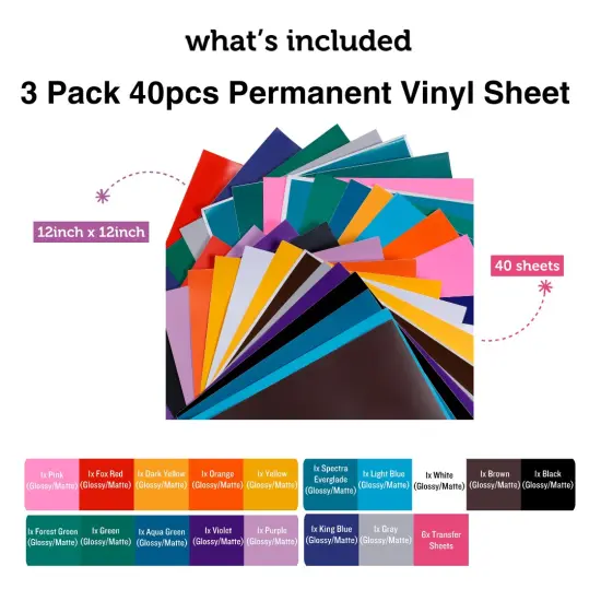 3 PACK - Incraftables Permanent Vinyl Sheets (40pcs). Bulk Permanent Vinyl for Cricut Machine with Glossy, Matte & Transfer Sheets. Multicolor Self Adhesive Vinyl Sheets Sticker Paper Bundle for DIY Crafts {2}