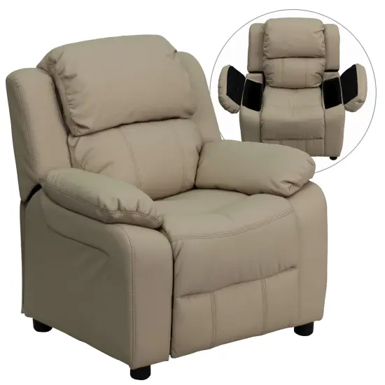 Emma and Oliver Deluxe Padded Contemporary Kids Recliner with Storage Arms Beige Vinyl {1}