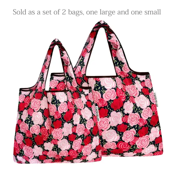 Wrapables Large & Small Foldable Tote Nylon Reusable Grocery Bags, Set of 2 Pink Roses {3}