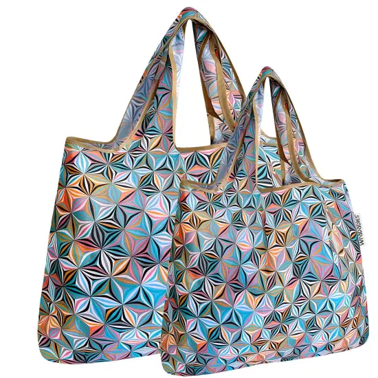 Wrapables Large & Small Foldable Tote Nylon Reusable Grocery Bags, Set of 2 Star Pattern {1}