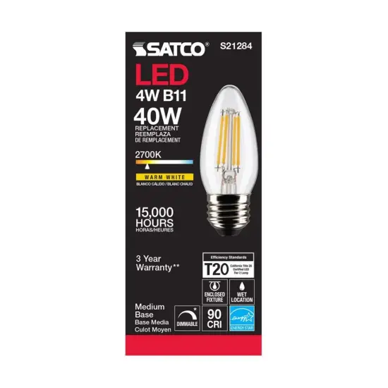 6Pk - Satco 4w B11 LED 2700K Medium Base Dimmable - 40w equiv Warm White {5}