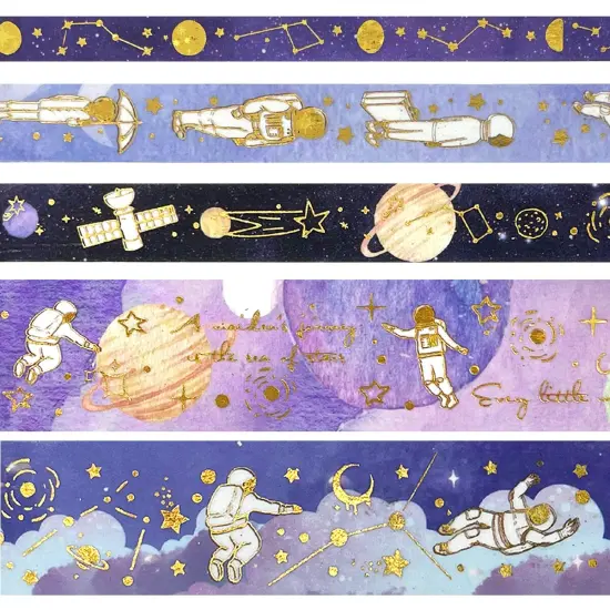 Wrapables Decorative Gold Foil Washi Tape and Sticker Set for Stationery, Diary, Card Making (10 Rolls & 10 Sheets) Space {4}