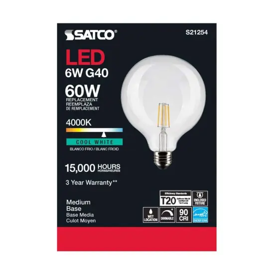 6Pk - Satco 6w G40 Globe Filament LED 4000K Medium Base Dimmable - 60w equiv Cool White {5}