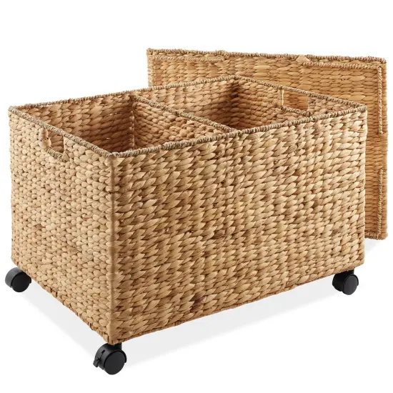 Casafield Rolling Storage Basket Cart with Lid and Locking Wheels - Handwoven Water Hyacinth Divided Recycling Sorting Bin for Kitchen, Laundry Room, Garage {1}