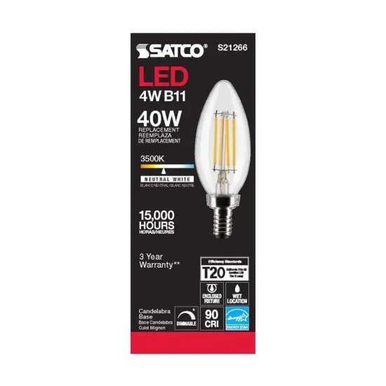 6Pk - Satco 4w B11 LED 3500K Candelabra Base Dimmable - 40w equiv Neutral White {5}