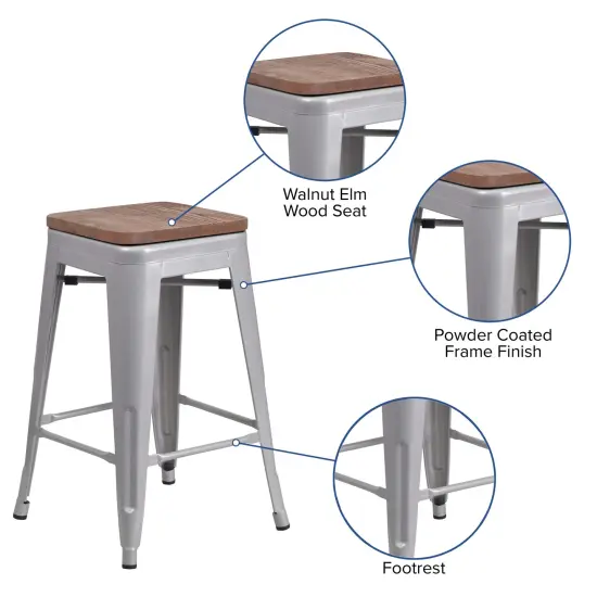 Merrick Lane Dalton Series Backless Metal Dining Stool with Wooden Seat for Indoor Use Silver {4}