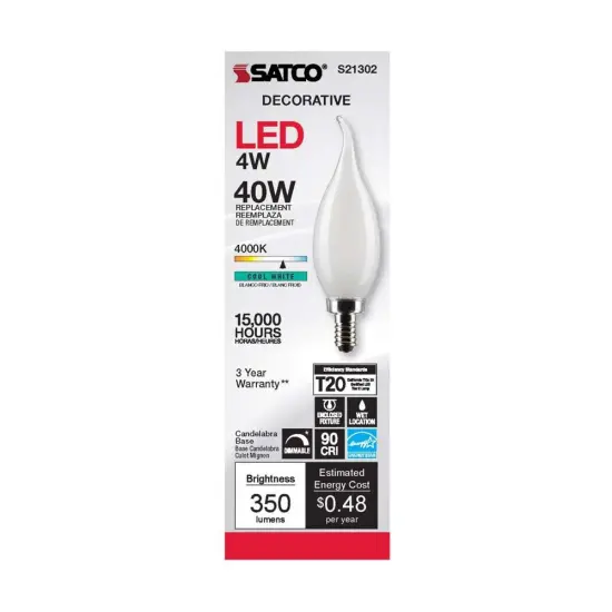 6Pk - Satco 4w CA10 LED 4000K Candelabra Base Frosted Dimmable - 40w equiv Cool White {4}