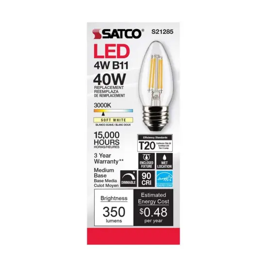 6Pk - Satco 4w B11 LED 3000K Medium Base Dimmable - 40w equiv Warm White {4}