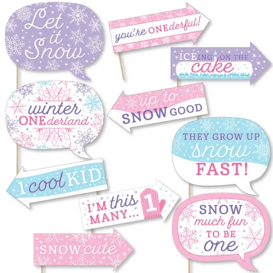 Big Dot of Happiness Funny Pink Snowflakes 1st Birthday - Girl Winter ONEderland Party Photo Booth Props Kit - 10 Piece {1}