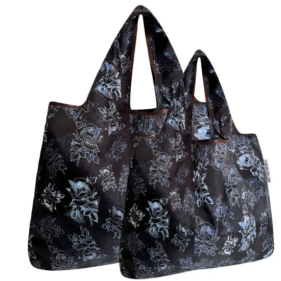 Wrapables Large & Small Foldable Tote Nylon Reusable Grocery Bags, Set of 2 Black Rose Shadow {1}