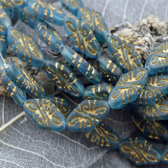 *9* 19x9mm Gold Washed Matte Teal Blue Arabesque Beads {2}