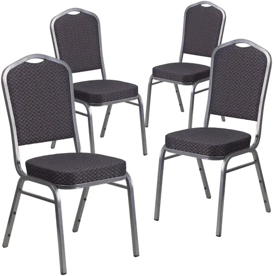 Emma and Oliver 4 Pack Crown Back Stacking Banquet Chair BlackFab/SilverVein {1}