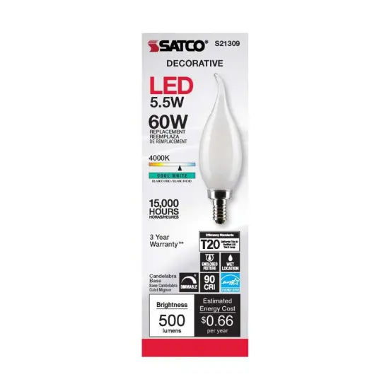 6Pk - Satco 5.5w CA10 LED 4000K Candelabra Base Frosted Dimmable - 60w equiv Cool White {4}
