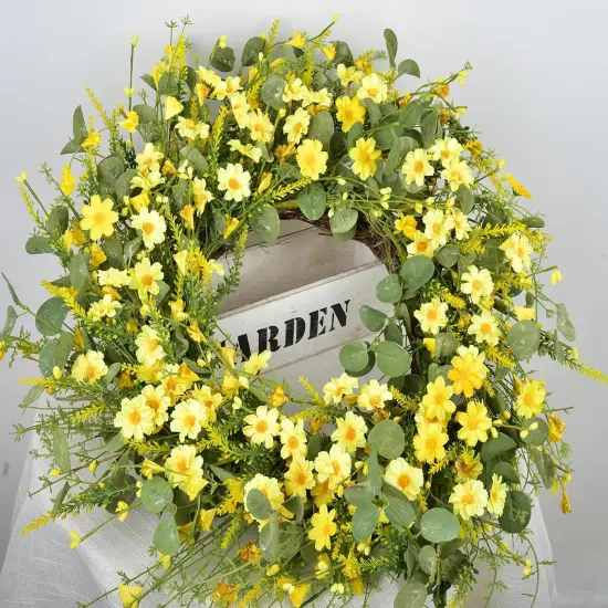24 Inch Spring Wreath Yellow Daisy with Eucalyptus Wreath for Front Door {3}