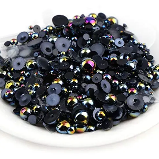 1000 Pieces Flatback Half Pearls, Mixed Size 4/6/8/10/12/14mm Flat Back Round Half Pearls Beads for Crafts Jewelry, Loose Beads Gem (Jet Black AB) {5}