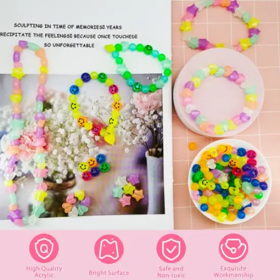 612 Pieces Candy Color Acrylic UV Beads Glow in The Dark Beads Happy Face Bead Heart Beads Star Beads Color Changing Sun UV Reactive Plastic Solar Hair Beads Bulk for Bracelet Necklace Jewelry Making {4}