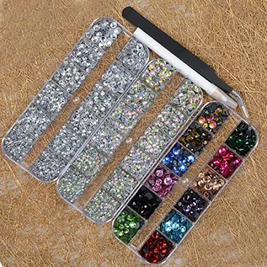 Massive Beads 9500+ Flatback Round Glass Hotfix Iron On Rhinestones Gemstone for DIY Making w/ 1 Tweezer & 1 Picking Pen for Shoes, Clothes, Bags, Manicure (12-Colors, Crystal, Crystal AB, 5&6 Sizes) {4}
