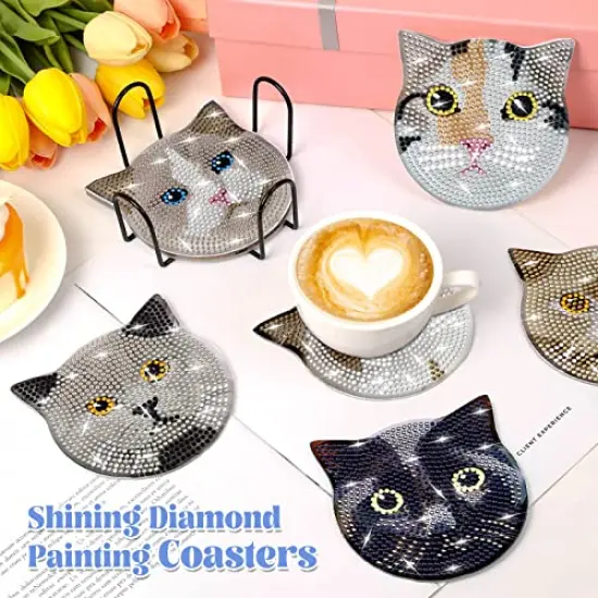 Billbotk 8 Pieces Diamond Painting Coasters Kit with Holder, Diamond Art Coasters, DIY Diamond Art Crafts Projects, Diamond Dotz Kits for Adults and Beginners(Cat Style) {3}